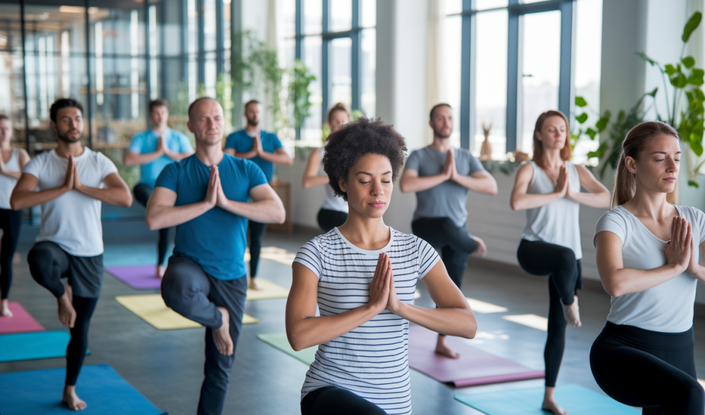 groupe-professionnels-yoga-bureau-plantes
