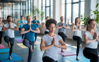 groupe-professionnels-yoga-bureau-plantes