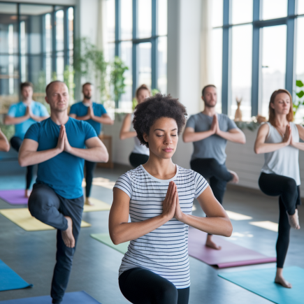 groupe-professionnels-yoga-bureau-plantes