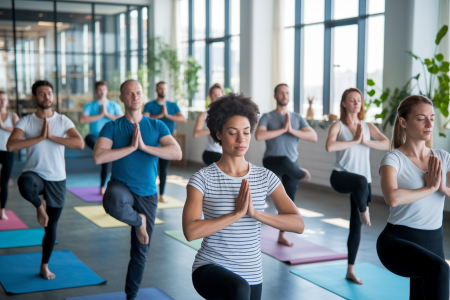 groupe-professionnels-yoga-bureau-plantes